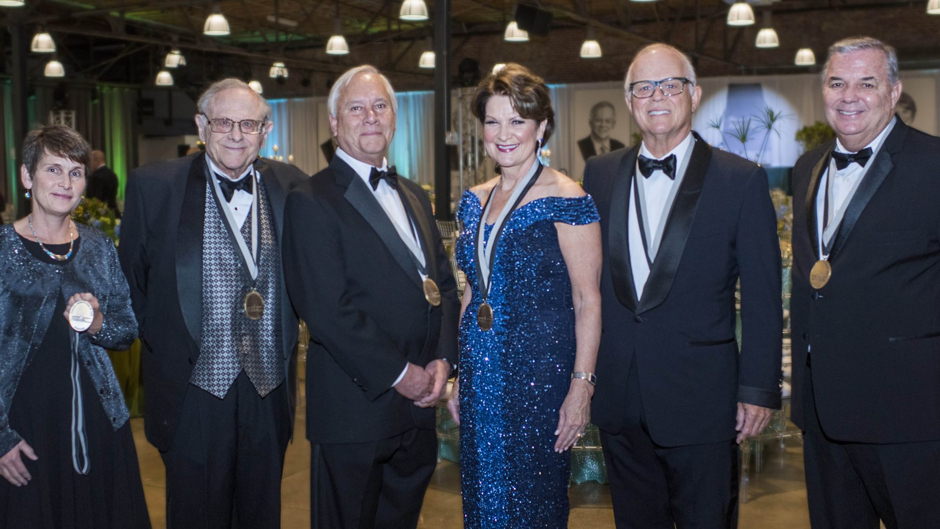 2019 Inductees of the Alabama Business Hall of Fame from L-R: Sue Whitehead daughter of Lonnie S. McMillian, Charles A. Collat, Sr., Gary P. Fayard, Marillyn A. Hewson, Joe W. Forehand, Jr., and Michael Reilly